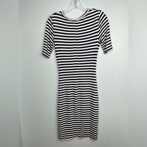 Three Dots Women's Nantucket Dress Navy White Stripe Body-con Twist Waist Sz S - Picture 1 of 15